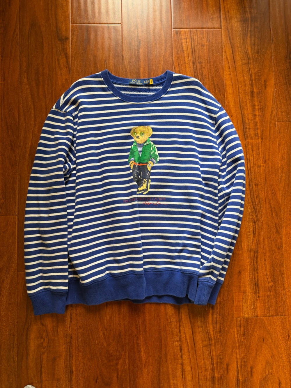 Polo by Ralph Lauren Blue and White Striped Crewneck Sweater with Bear Patch